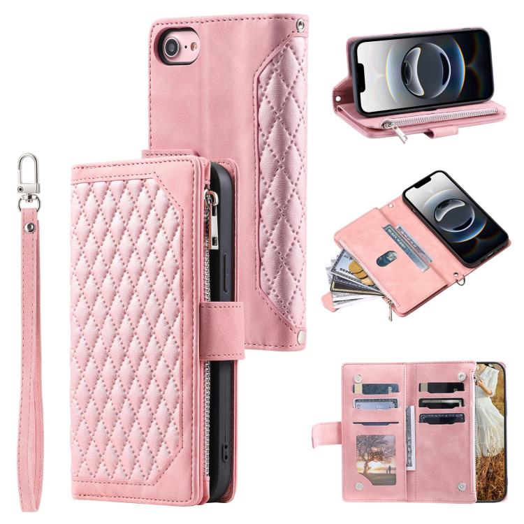 Grid Texture Zipper Leather Phone Case with Lanyard