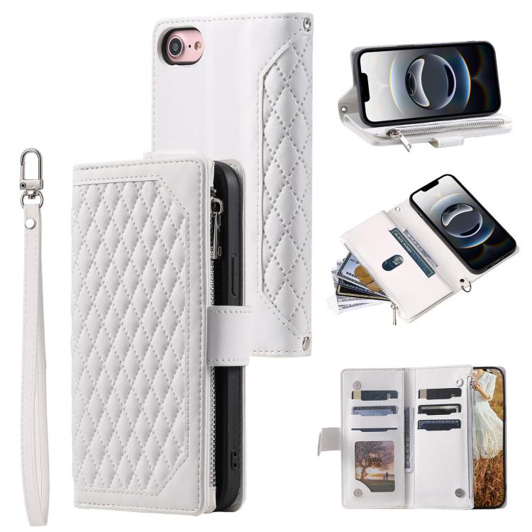 Grid Texture Zipper Leather Phone Case with Lanyard