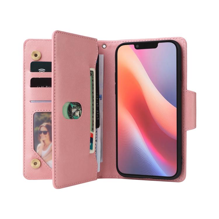 Rivet Buckle 9 Cards Three Fold Leather Phone Case