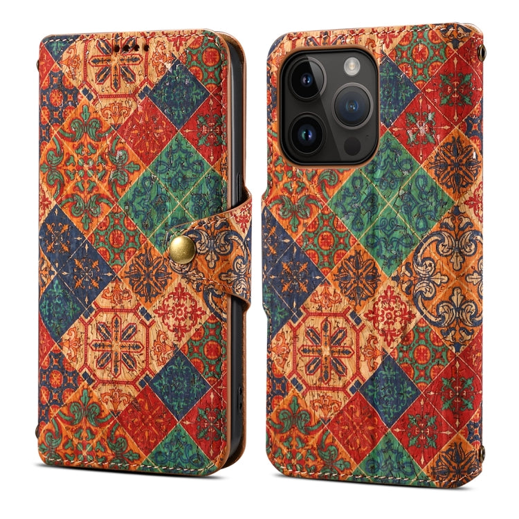 Denior Flower Language Series Cork Fabric Oil Edge Leather Phone Case, For iPhone 15 Plus, For iPhone 15, For iPhone 14 Plus, For iPhone 14, For iPhone 14 Pro, For iPhone 14 Pro Max