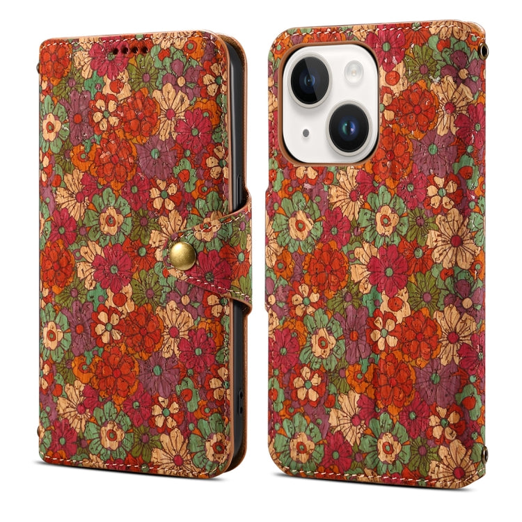 Denior Flower Language Series Cork Fabric Oil Edge Leather Phone Case, For iPhone 15 Plus, For iPhone 15, For iPhone 14 Plus, For iPhone 14, For iPhone 14 Pro, For iPhone 14 Pro Max