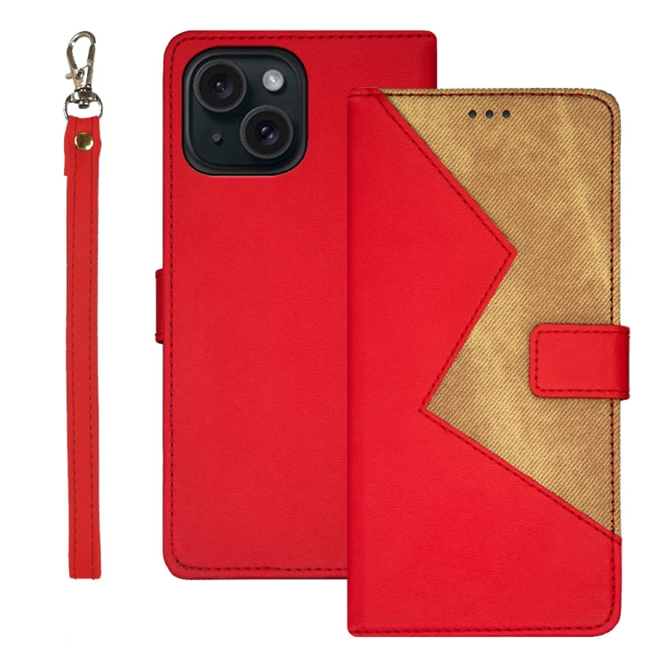 idewei Two-color Splicing Leather Phone Case, For iPhone 15 Plus, For iPhone 15