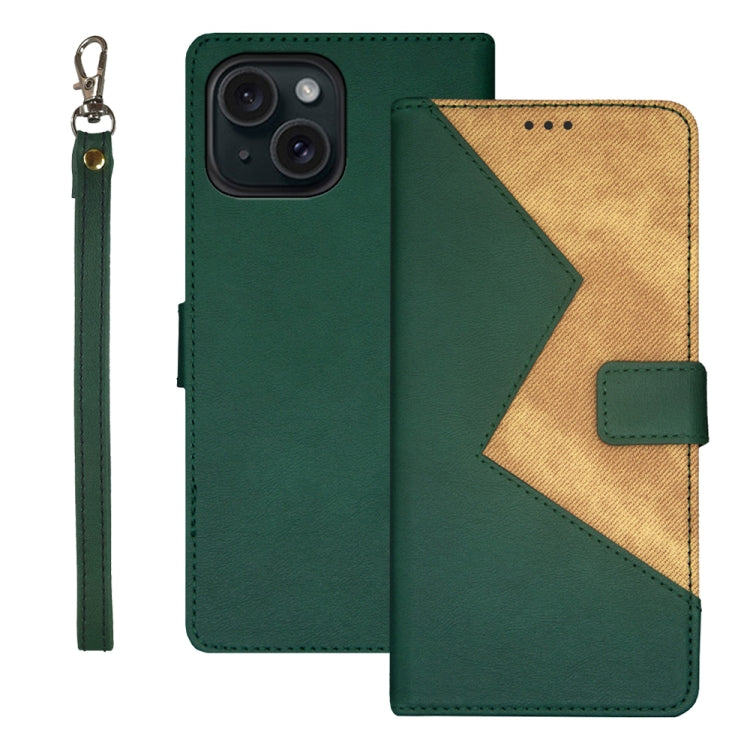 idewei Two-color Splicing Leather Phone Case, For iPhone 15 Plus, For iPhone 15