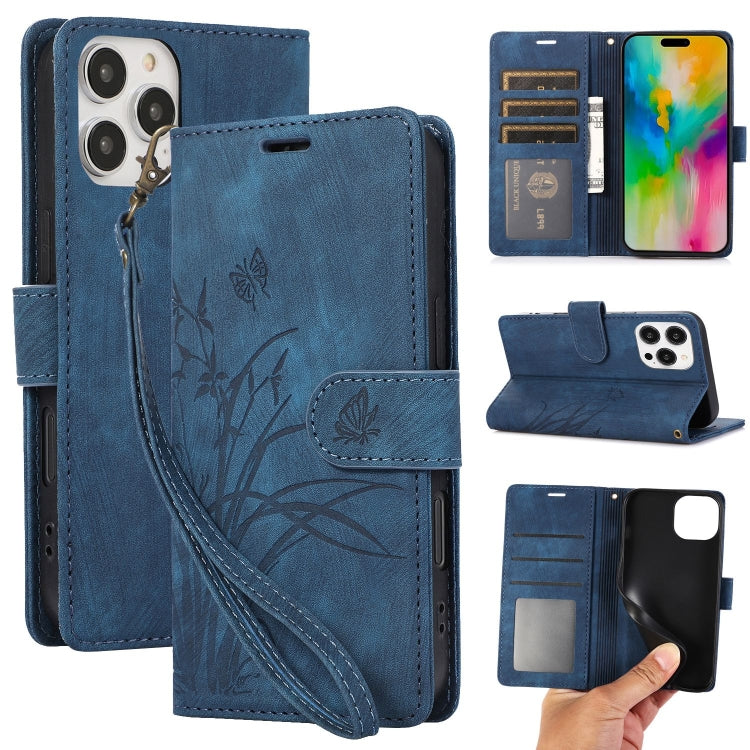 Orchid Butterfly Embossed Leather Phone Case, For iPhone 16e, For iPhone 16 Pro Max, For iPhone 16 Pro, For iPhone 16 Plus