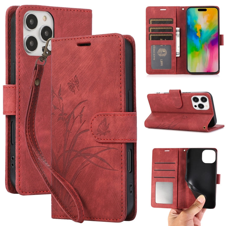Orchid Butterfly Embossed Leather Phone Case, For iPhone 16e, For iPhone 16 Pro Max, For iPhone 16 Pro, For iPhone 16 Plus