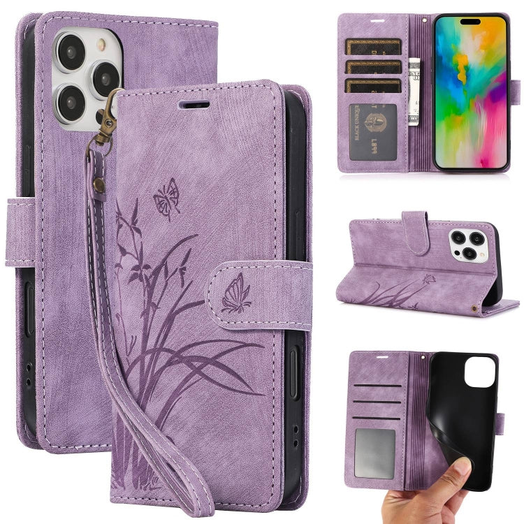 Orchid Butterfly Embossed Leather Phone Case, For iPhone 16e, For iPhone 16 Pro Max, For iPhone 16 Pro, For iPhone 16 Plus