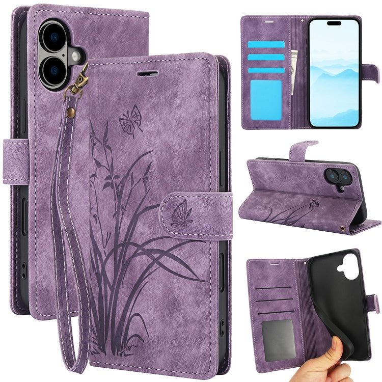 Orchid Butterfly Embossed Leather Phone Case, For iPhone 16, For iPhone 15 Pro Max, For iPhone 15 Pro, For iPhone 15 Plus