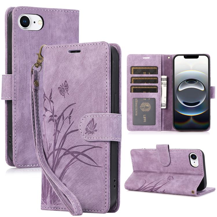 Orchid Butterfly Embossed Leather Phone Case, For iPhone 16e, For iPhone 16 Pro Max, For iPhone 16 Pro, For iPhone 16 Plus
