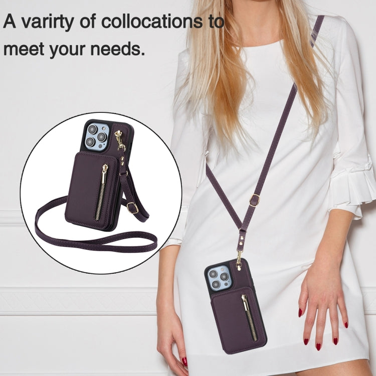 YM006 Skin Feel Zipper Card Bag Phone Case with Dual Lanyard, For iPhone 15 Plus, For iPhone 15, For iPhone 14 Plus
