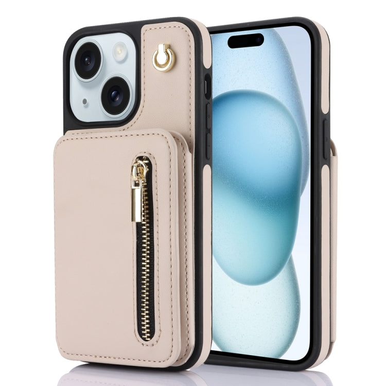 YM006 Skin Feel Zipper Card Bag Phone Case with Dual Lanyard, For iPhone 15 Plus, For iPhone 15, For iPhone 14 Plus