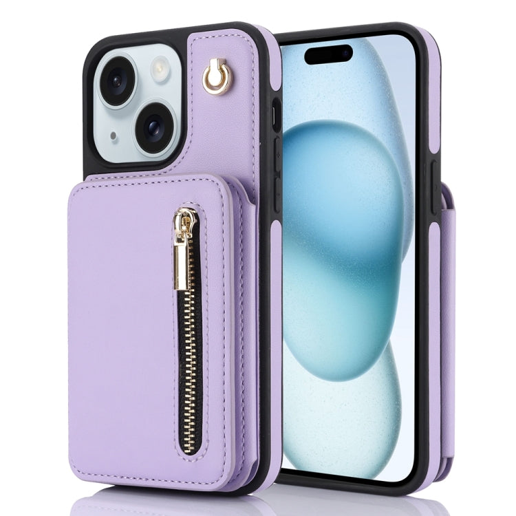 YM006 Skin Feel Zipper Card Bag Phone Case with Dual Lanyard, For iPhone 15 Plus, For iPhone 15, For iPhone 14 Plus
