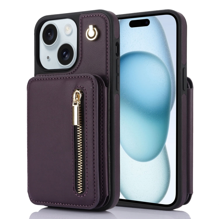 YM006 Skin Feel Zipper Card Bag Phone Case with Dual Lanyard, For iPhone 15 Plus, For iPhone 15, For iPhone 14 Plus