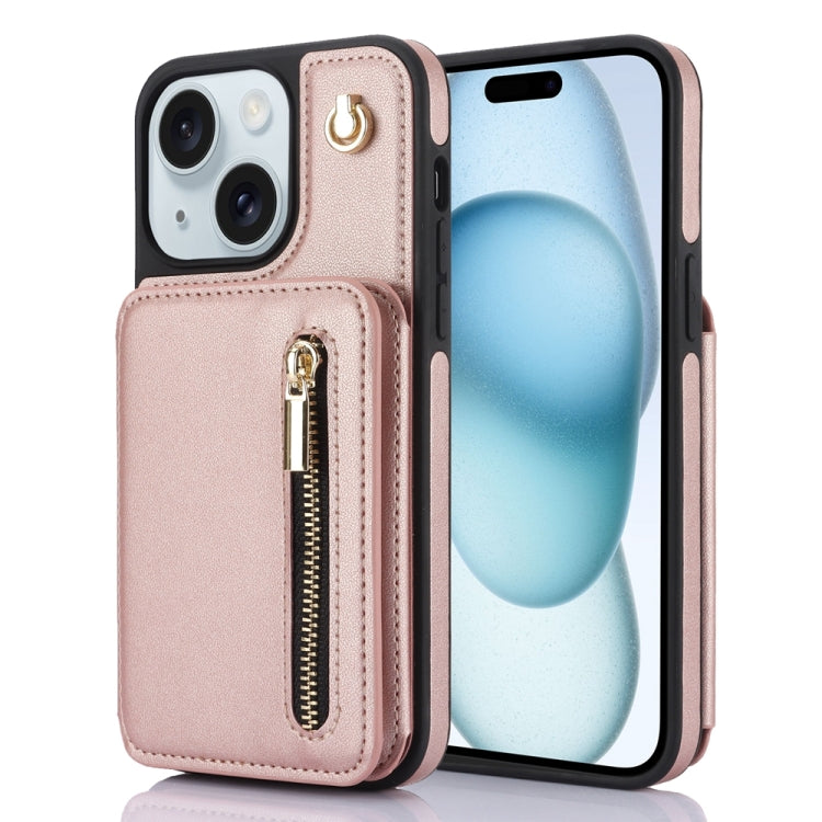 YM006 Skin Feel Zipper Card Bag Phone Case with Dual Lanyard, For iPhone 15 Plus, For iPhone 15, For iPhone 14 Plus