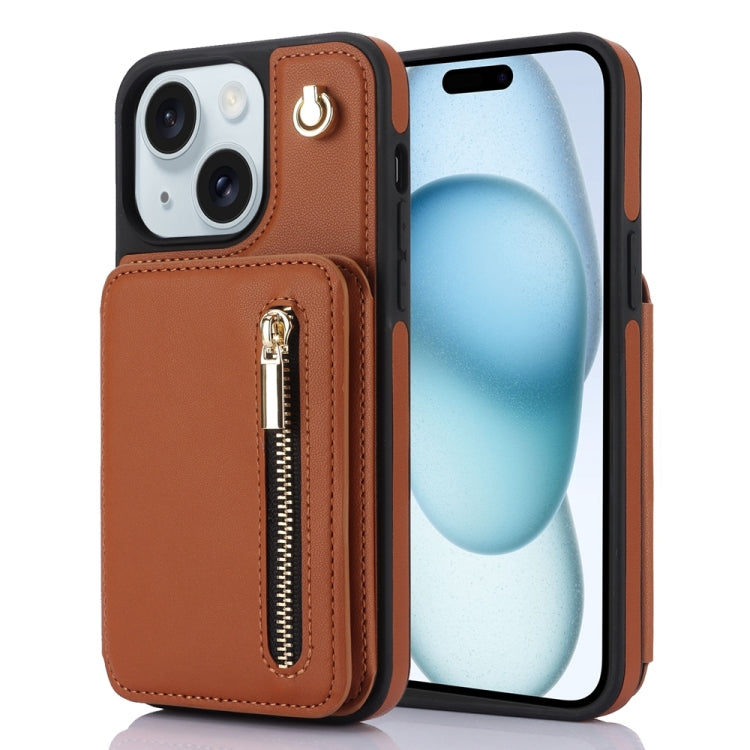 YM006 Skin Feel Zipper Card Bag Phone Case with Dual Lanyard, For iPhone 15 Plus, For iPhone 15, For iPhone 14 Plus