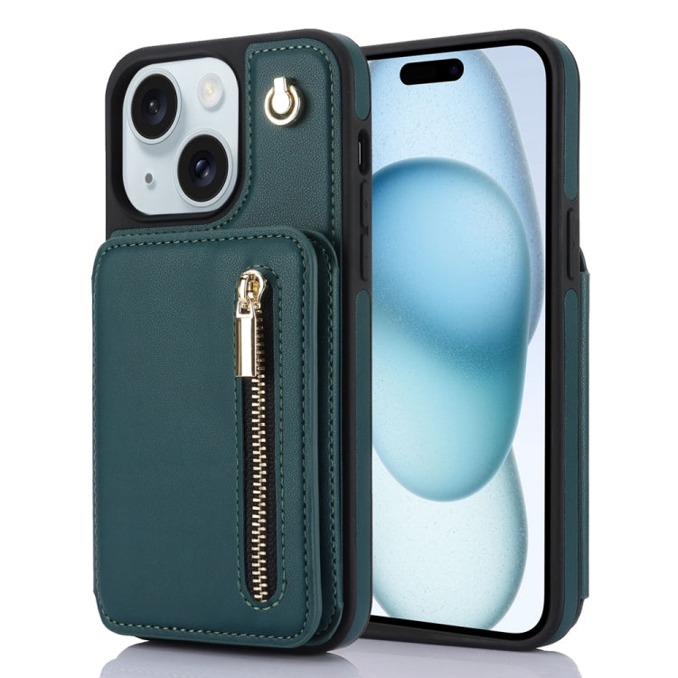 YM006 Skin Feel Zipper Card Bag Phone Case with Dual Lanyard, For iPhone 15 Plus, For iPhone 15, For iPhone 14 Plus
