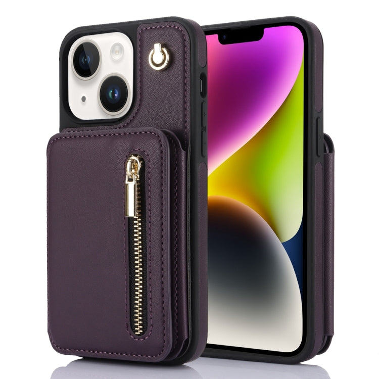 YM006 Skin Feel Zipper Card Bag Phone Case with Dual Lanyard, For iPhone 15 Plus, For iPhone 15, For iPhone 14 Plus