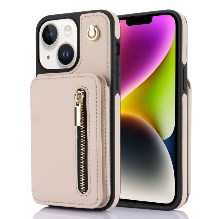 YM006 Skin Feel Zipper Card Bag Phone Case with Dual Lanyard, For iPhone 15 Plus, For iPhone 15, For iPhone 14 Plus