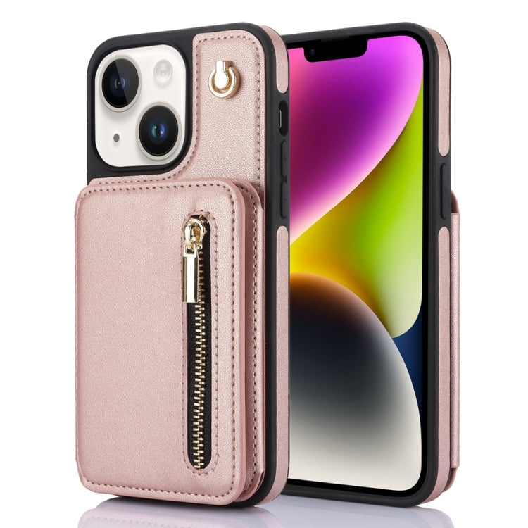 YM006 Skin Feel Zipper Card Bag Phone Case with Dual Lanyard, For iPhone 15 Plus, For iPhone 15, For iPhone 14 Plus