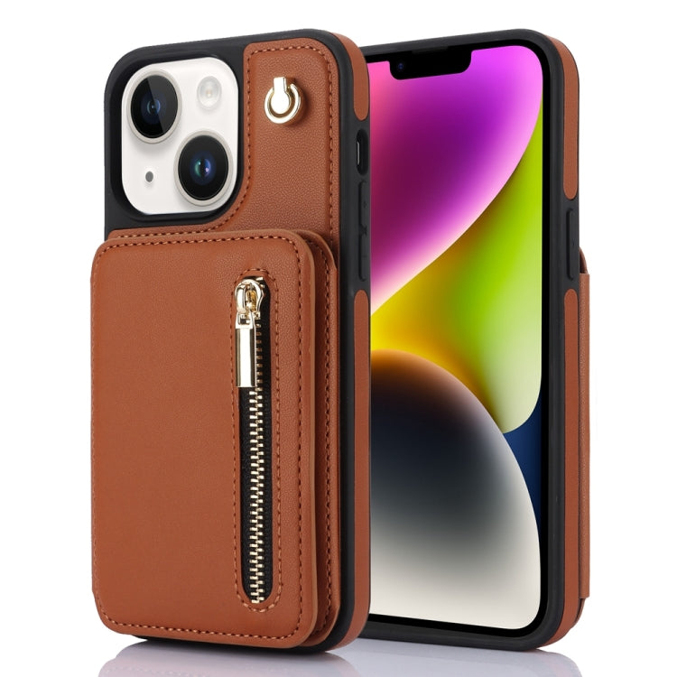 YM006 Skin Feel Zipper Card Bag Phone Case with Dual Lanyard, For iPhone 15 Plus, For iPhone 15, For iPhone 14 Plus