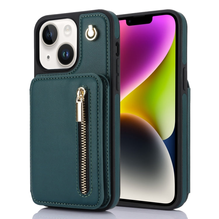 YM006 Skin Feel Zipper Card Bag Phone Case with Dual Lanyard, For iPhone 15 Plus, For iPhone 15, For iPhone 14 Plus