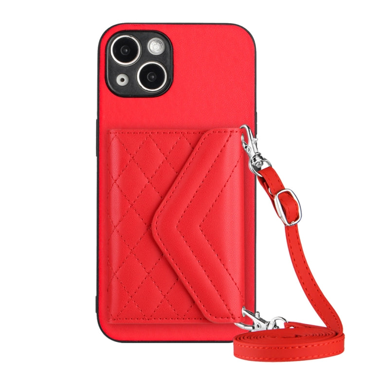 Rhombic Texture Card Bag RFID Phone Case with Long Lanyard, For iPhone 15 Pro Max, For iPhone 15 Pro, For iPhone 15 Plus, For iPhone 15