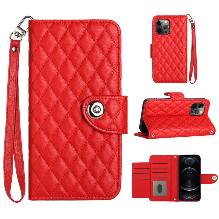 Rhombic Texture Flip Leather Phone Case with Lanyard