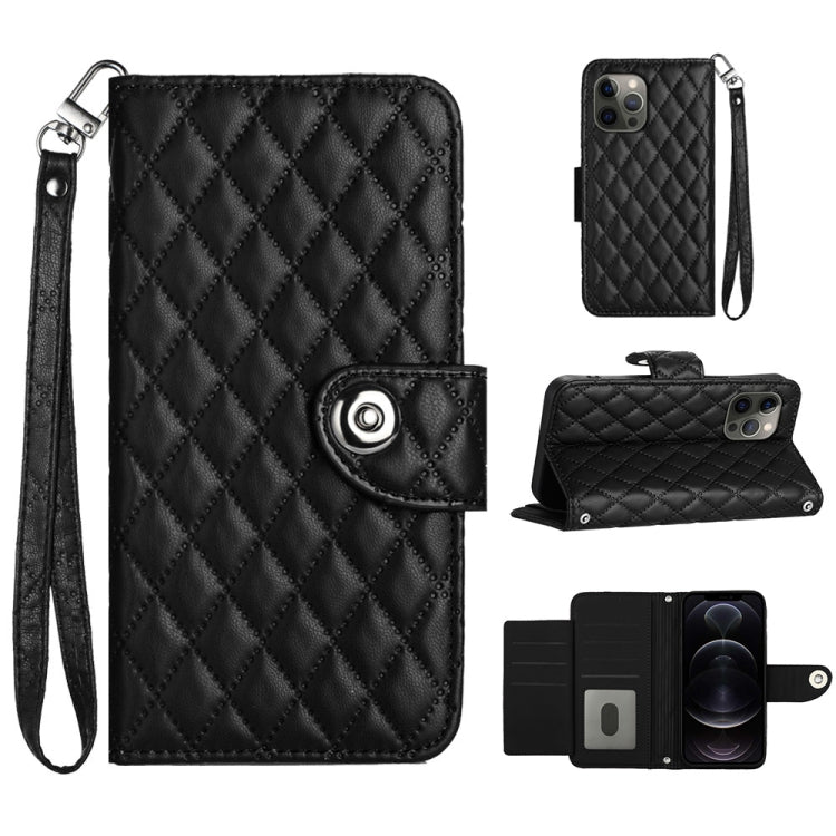 Rhombic Texture Flip Leather Phone Case with Lanyard