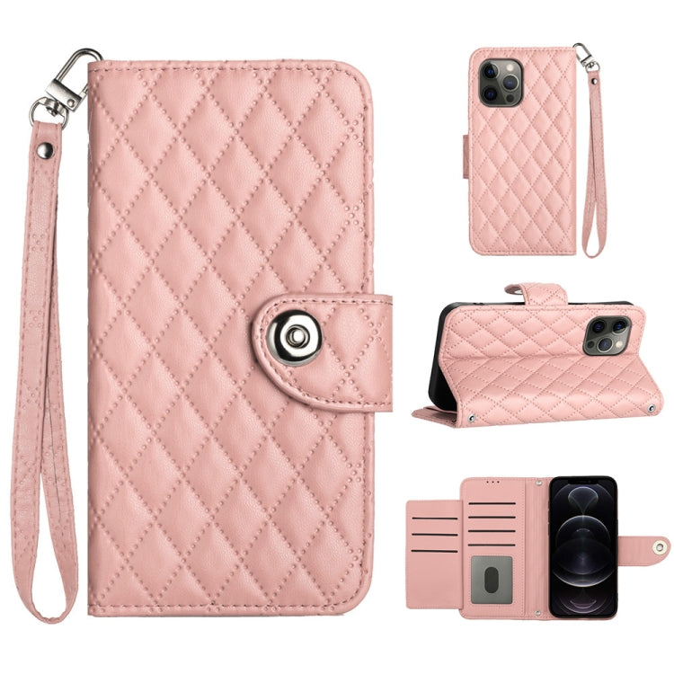 Rhombic Texture Flip Leather Phone Case with Lanyard