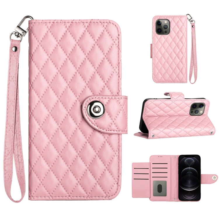 Rhombic Texture Flip Leather Phone Case with Lanyard