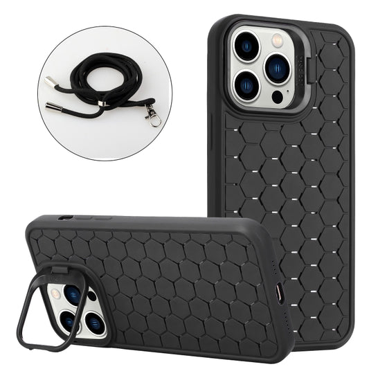 Honeycomb Radiating Holder TPU Phone Case with Lanyard, For iPhone 15 Pro Max, For iPhone 15 Pro, For iPhone 15 Plus, For iPhone 15