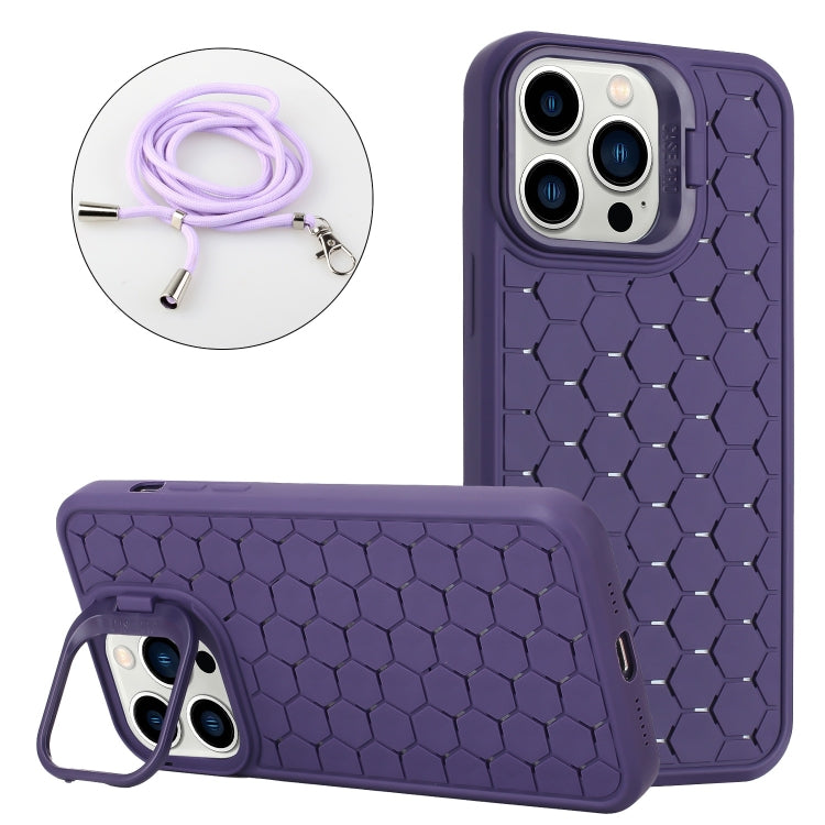 Honeycomb Radiating Holder TPU Phone Case with Lanyard, For iPhone 15 Pro Max, For iPhone 15 Pro, For iPhone 15 Plus, For iPhone 15