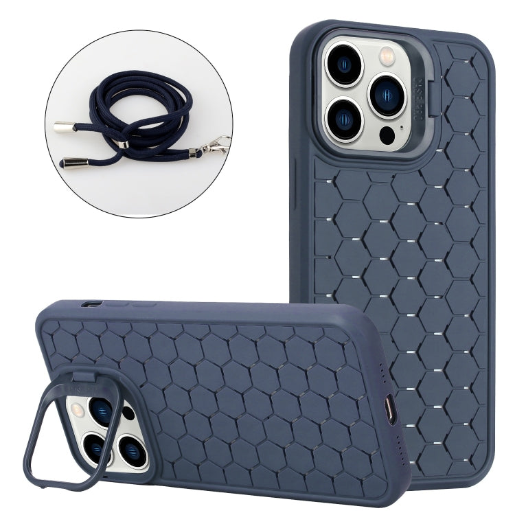 Honeycomb Radiating Holder TPU Phone Case with Lanyard, For iPhone 15 Pro Max, For iPhone 15 Pro, For iPhone 15 Plus, For iPhone 15