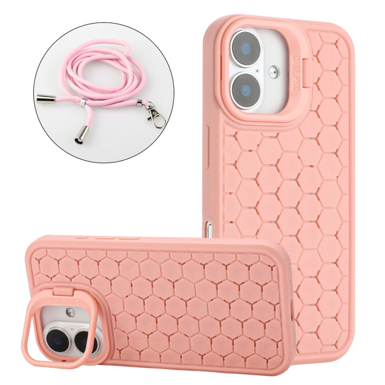 Honeycomb Radiating Holder TPU Phone Case with Lanyard, For iPhone 16 Pro Max, For iPhone 16 Pro, For iPhone 16 Plus, For iPhone 16