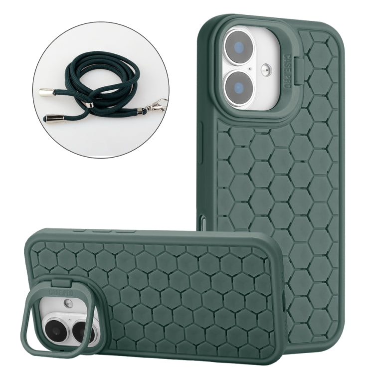 Honeycomb Radiating Holder TPU Phone Case with Lanyard, For iPhone 16 Pro Max, For iPhone 16 Pro, For iPhone 16 Plus, For iPhone 16