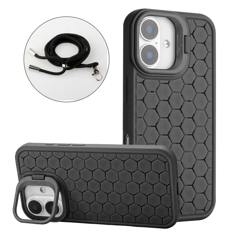 Honeycomb Radiating Holder TPU Phone Case with Lanyard, For iPhone 16 Pro Max, For iPhone 16 Pro, For iPhone 16 Plus, For iPhone 16