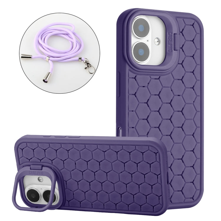 Honeycomb Radiating Holder TPU Phone Case with Lanyard, For iPhone 16 Pro Max, For iPhone 16 Pro, For iPhone 16 Plus, For iPhone 16