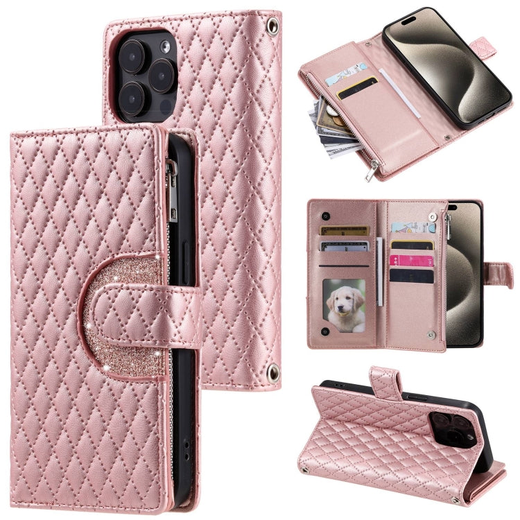 Glitter Lattice Zipper Wallet Leather Phone Case, For iPhone 16e, For iPhone 16 Pro Max, For iPhone 16 Pro, For iPhone 15 Pro Max, For iPhone 15 Pro, For iPhone 15 Plus