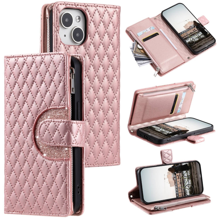 Glitter Lattice Zipper Wallet Leather Phone Case, For iPhone 16e, For iPhone 16 Pro Max, For iPhone 16 Pro, For iPhone 15 Pro Max, For iPhone 15 Pro, For iPhone 15 Plus