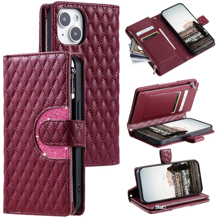 Glitter Lattice Zipper Wallet Leather Phone Case, For iPhone 15, For iPhone 14 Plus, For iPhone 14, For iPhone 14 Pro, For iPhone 14 Pro Max, For iPhone 7 / 8 / SE 2022