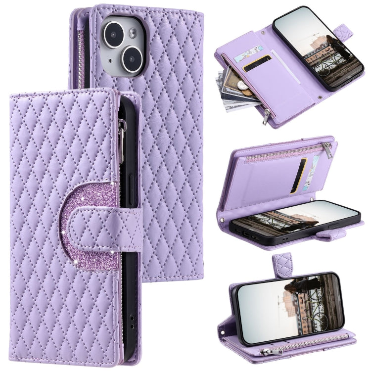 Glitter Lattice Zipper Wallet Leather Phone Case, For iPhone 15, For iPhone 14 Plus, For iPhone 14, For iPhone 14 Pro, For iPhone 14 Pro Max, For iPhone 7 / 8 / SE 2022