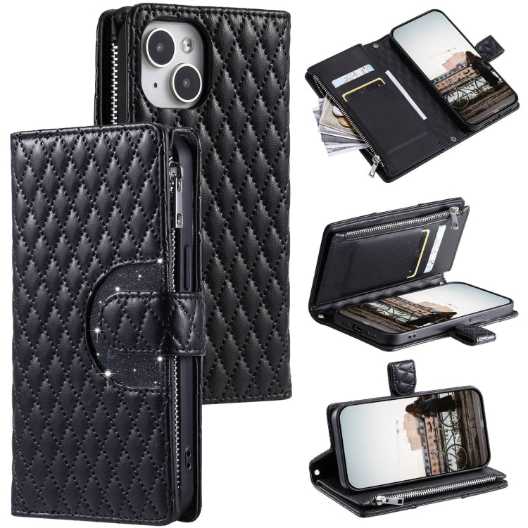Glitter Lattice Zipper Wallet Leather Phone Case, For iPhone 15, For iPhone 14 Plus, For iPhone 14, For iPhone 14 Pro, For iPhone 14 Pro Max, For iPhone 7 / 8 / SE 2022