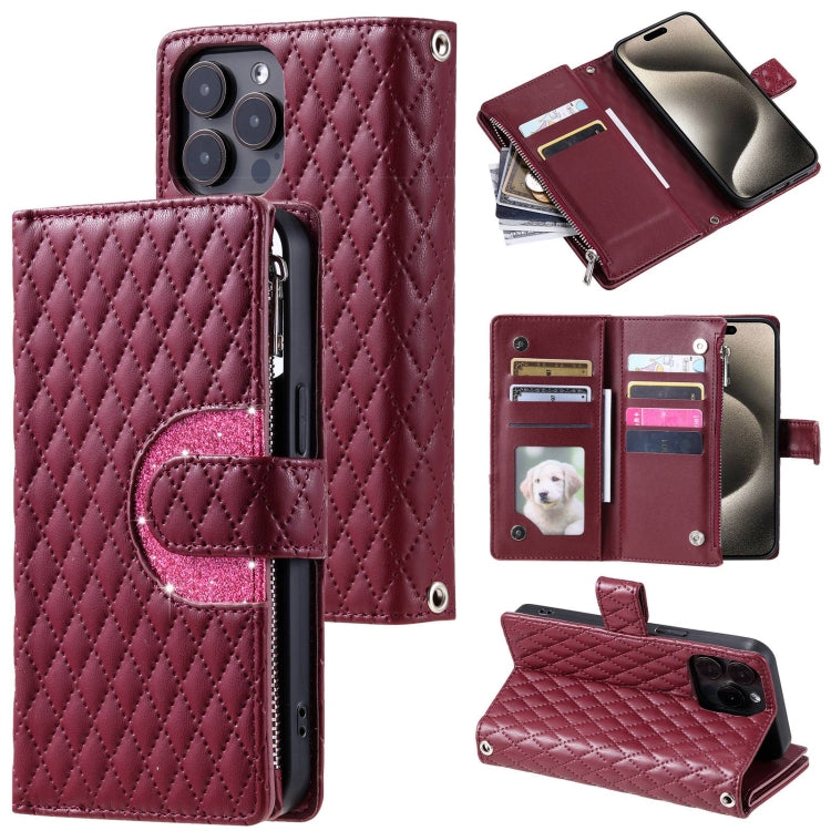 Glitter Lattice Zipper Wallet Leather Phone Case, For iPhone 15, For iPhone 14 Plus, For iPhone 14, For iPhone 14 Pro, For iPhone 14 Pro Max, For iPhone 7 / 8 / SE 2022