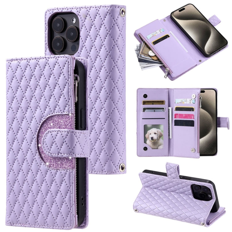Glitter Lattice Zipper Wallet Leather Phone Case, For iPhone 13 Pro Max, For iPhone 13 Pro, For iPhone 13, For iPhone 12 / 12 Pro, For iPhone 12 Pro Max, For iPhone 11 Pro Max