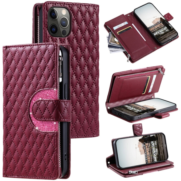 Glitter Lattice Zipper Wallet Leather Phone Case, For iPhone 13 Pro Max, For iPhone 13 Pro, For iPhone 13, For iPhone 12 / 12 Pro, For iPhone 12 Pro Max, For iPhone 11 Pro Max