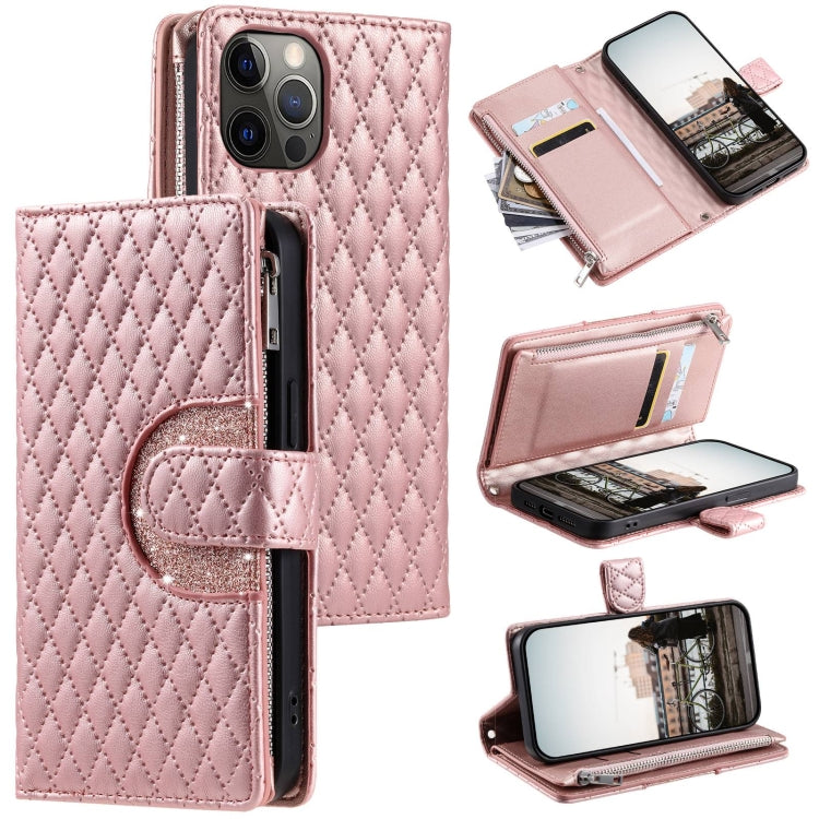 Glitter Lattice Zipper Wallet Leather Phone Case, For iPhone 13 Pro Max, For iPhone 13 Pro, For iPhone 13, For iPhone 12 / 12 Pro, For iPhone 12 Pro Max, For iPhone 11 Pro Max