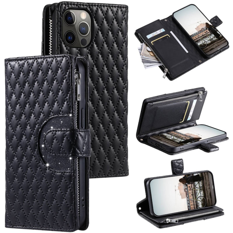 Glitter Lattice Zipper Wallet Leather Phone Case, For iPhone 13 Pro Max, For iPhone 13 Pro, For iPhone 13, For iPhone 12 / 12 Pro, For iPhone 12 Pro Max, For iPhone 11 Pro Max
