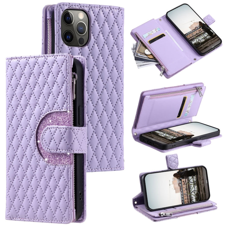 Glitter Lattice Zipper Wallet Leather Phone Case, For iPhone 13 Pro Max, For iPhone 13 Pro, For iPhone 13, For iPhone 12 / 12 Pro, For iPhone 12 Pro Max, For iPhone 11 Pro Max