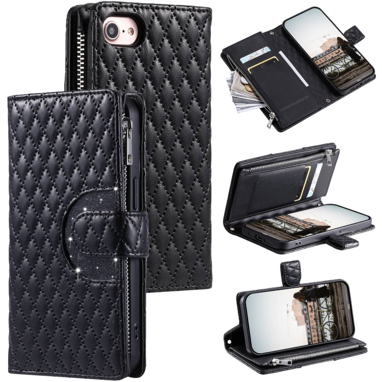 Glitter Lattice Zipper Wallet Leather Phone Case, For iPhone 15, For iPhone 14 Plus, For iPhone 14, For iPhone 14 Pro, For iPhone 14 Pro Max, For iPhone 7 / 8 / SE 2022