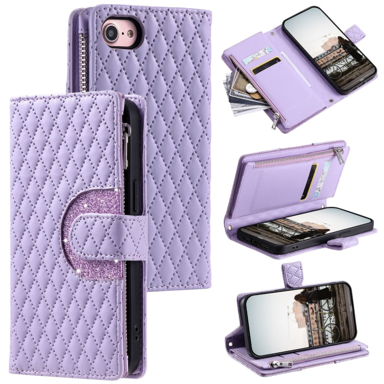Glitter Lattice Zipper Wallet Leather Phone Case, For iPhone 15, For iPhone 14 Plus, For iPhone 14, For iPhone 14 Pro, For iPhone 14 Pro Max, For iPhone 7 / 8 / SE 2022
