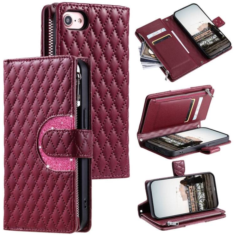 Glitter Lattice Zipper Wallet Leather Phone Case, For iPhone 15, For iPhone 14 Plus, For iPhone 14, For iPhone 14 Pro, For iPhone 14 Pro Max, For iPhone 7 / 8 / SE 2022